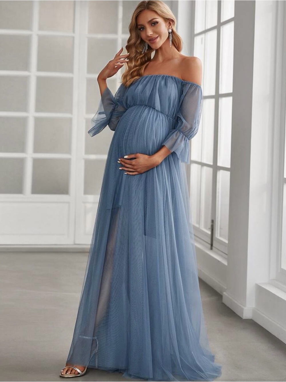 Off-Shoulder Blue Maternity Maxi Dress